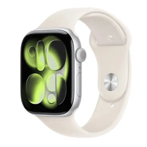 Смарт-часы Apple Watch 11 Алюминий (42 мм Серебристый (с бежевым силиконовым ремешком))